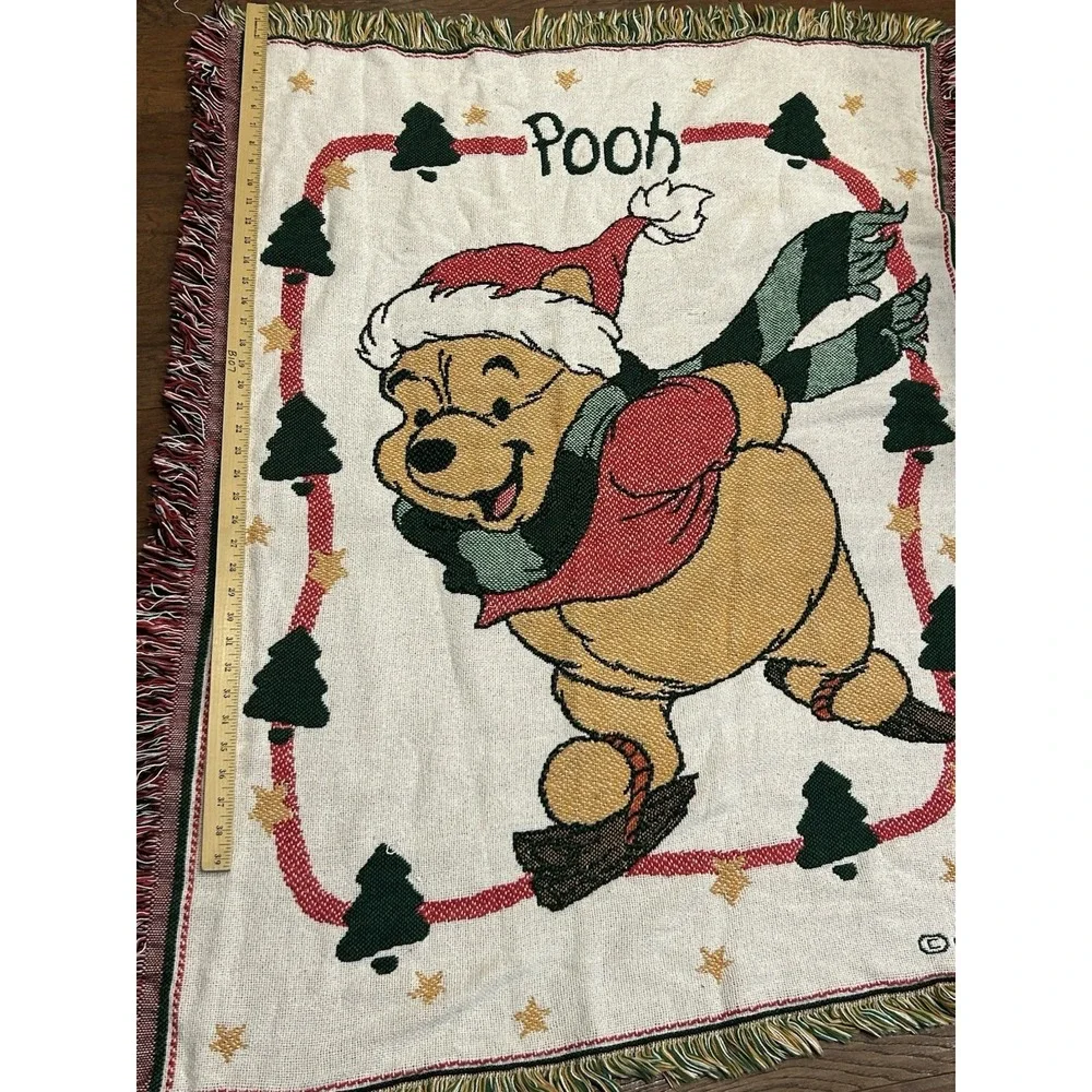 Disney Vintage Winnie the Pooh Skating Tapestry Afghan Throw Blanket Christmas